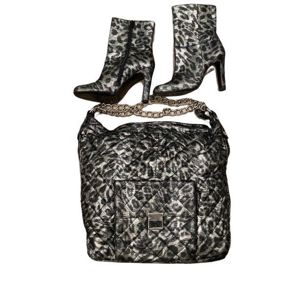 Black and Gray Cheetah Print Boots and Tote Set - Picture 1 of 10